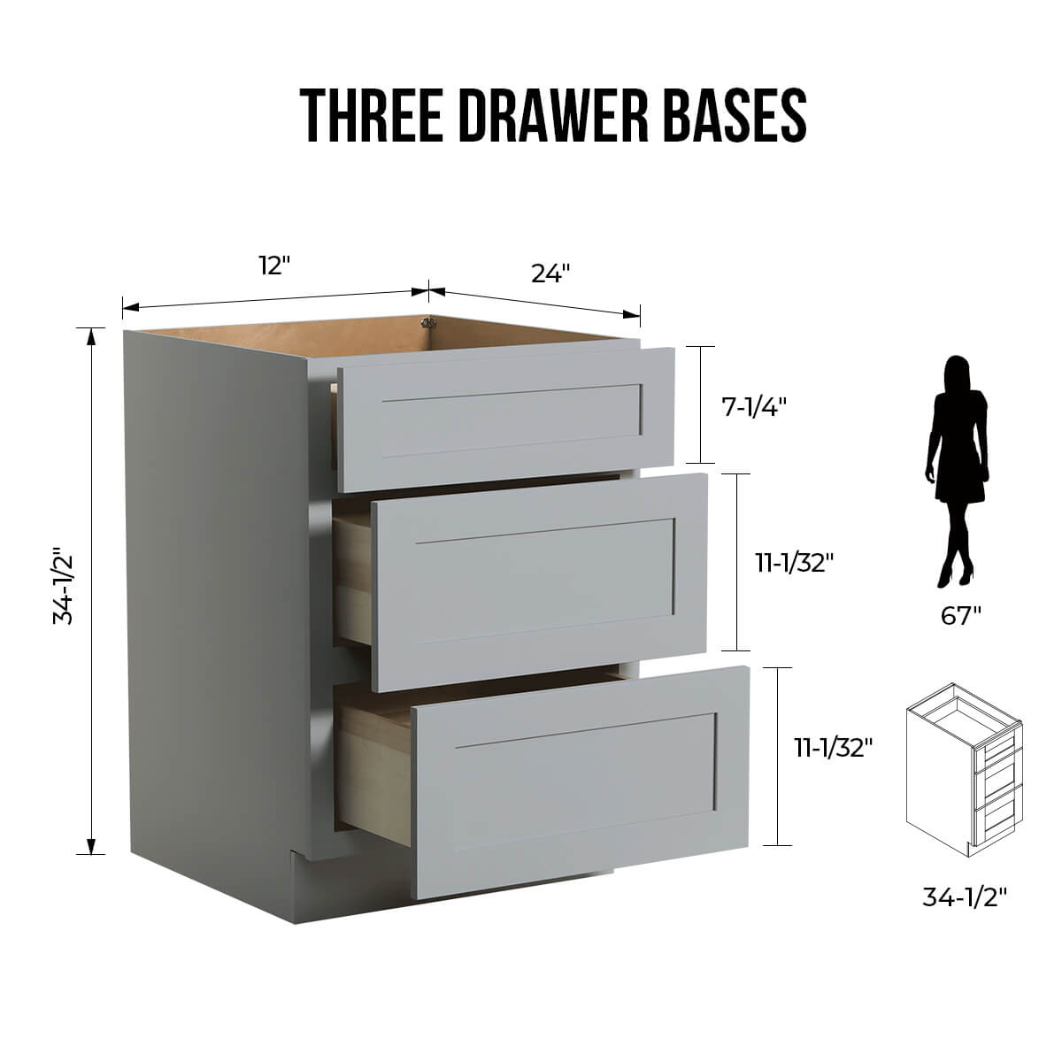 Three Drawer RTA Solid Wood Shaker Three Drawer Base Cabinet Gray for Kitchen, Bath ...