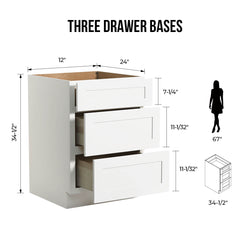 RTA Solid Wood Shaker Three Drawer Base Cabinet White for Kitchen, Bathroom & Laundry storage