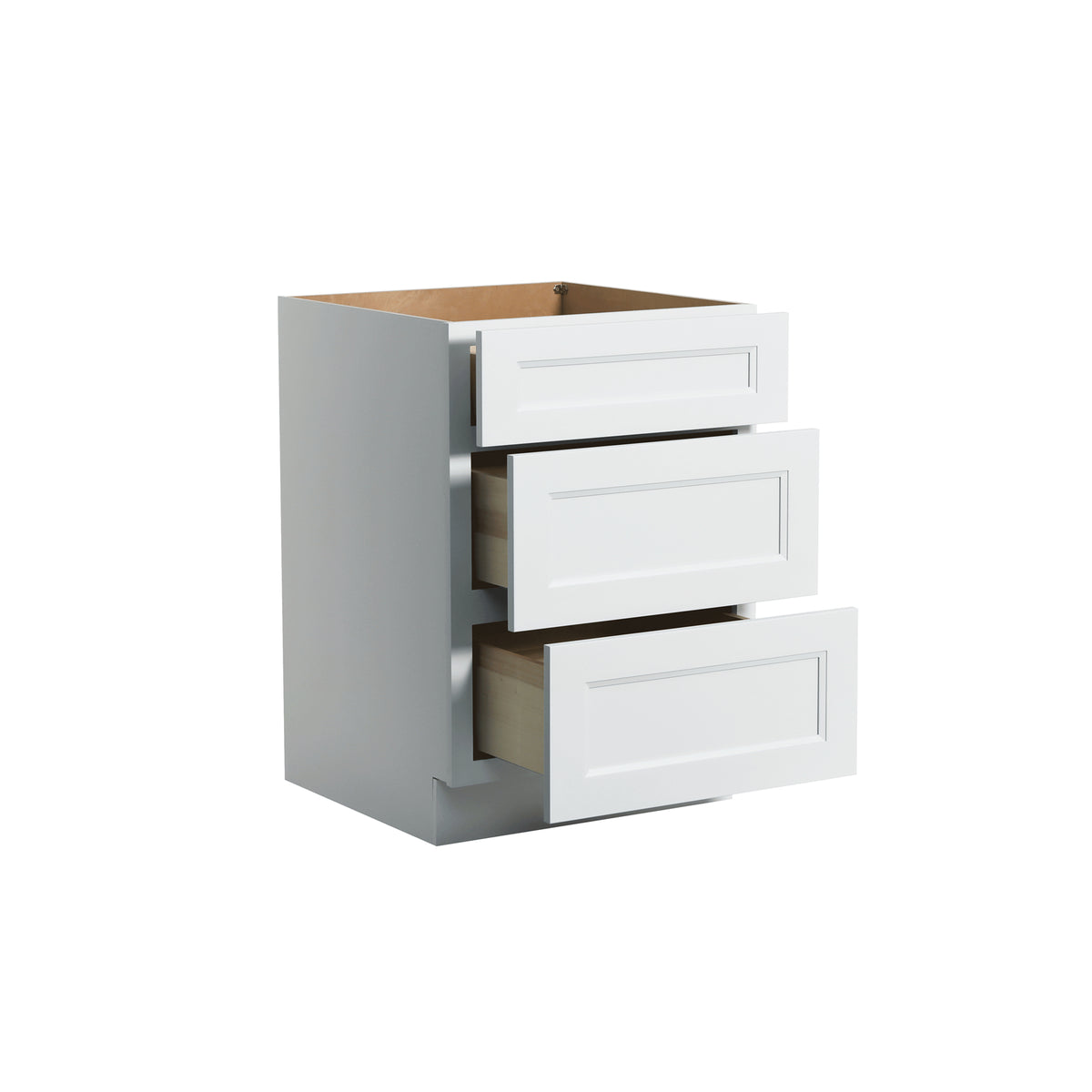 RTA Solid Wood Escada Three Drawer Base Cabinet White for Kitchen, Bathroom & Laundry storage