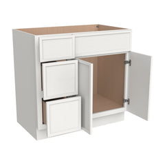 RTA Newtown Solid Wood Vanity Single Sink Base Cabinet Origami White for Bathroom Storage, 3 Left Drawers, 1 False Drawer Front