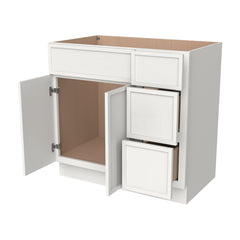 RTA Newtown Solid Wood Vanity Single Sink Base Cabinet Origami White for Bathroom Storage, 3 Right Drawers, 1 False Drawer Front