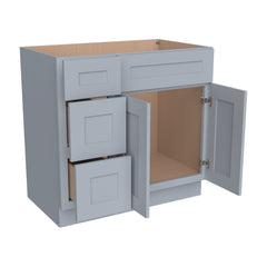 RTA Shaker Gray Solid Wood Vanity Single Sink Base Cabinet for Bathroom Storage, 3 Left Drawers, 1 False Drawer Front