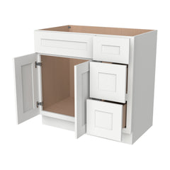 RTA Shaker Solid Wood Vanity Single Sink Base Cabinet Origami White for Bathroom Storage, 3 Right Drawers, 1 False Drawer Front