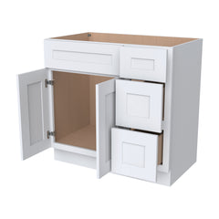 RTA Shaker Solid Wood Vanity Single Sink Base Cabinet White for Bathroom Storage, 3 Right Drawers, 1 False Drawer Front