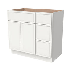 RTA Newtown Solid Wood Vanity Single Sink Base Cabinet Origami White for Bathroom Storage, 3 Right Drawers, 1 False Drawer Front