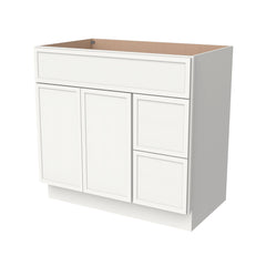 RTA Newtown Solid Wood Vanity Single Sink Base Cabinet Origami White for Bathroom Storage, 2 Right Drawers, 1 False Drawer Front