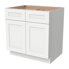 RTA Solid Wood Shaker Base Cabinet With 2 Doors, 2 Drawers and 1 Shelf Origami White for Kitchen, Bathroom & Laundry Storage