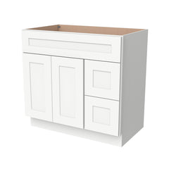 RTA Shaker Solid Wood Vanity Single Sink Base Cabinet Origami White for Bathroom Storage, 2 Right Drawers, 1 False Drawer Front