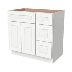 RTA Shaker Solid Wood Vanity Single Sink Base Cabinet Origami White for Bathroom Storage, 3 Right Drawers, 1 False Drawer Front