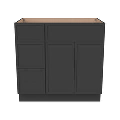 RTA Newtown Solid Wood Vanity Single Sink Base Cabinet Charcoal Black for Bathroom Storage, 3 Left Drawers, 1 False Drawer Front