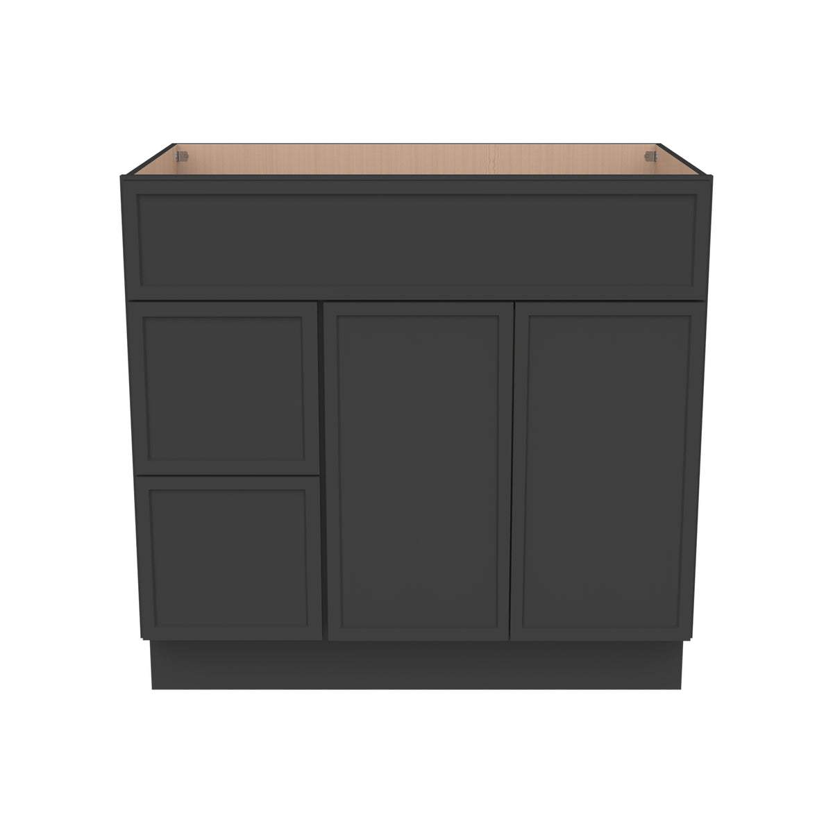 RTA Newtown Solid Wood Vanity Single Sink Base Cabinet Charcoal Black for Bathroom Storage, 2 Left Drawers, 1 False Drawer Front