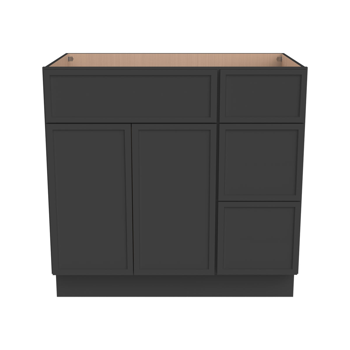 RTA Newtown Solid Wood Vanity Single Sink Base Cabinet Charcoal Black for Bathroom Storage, 3 Right Drawers, 1 False Drawer Front