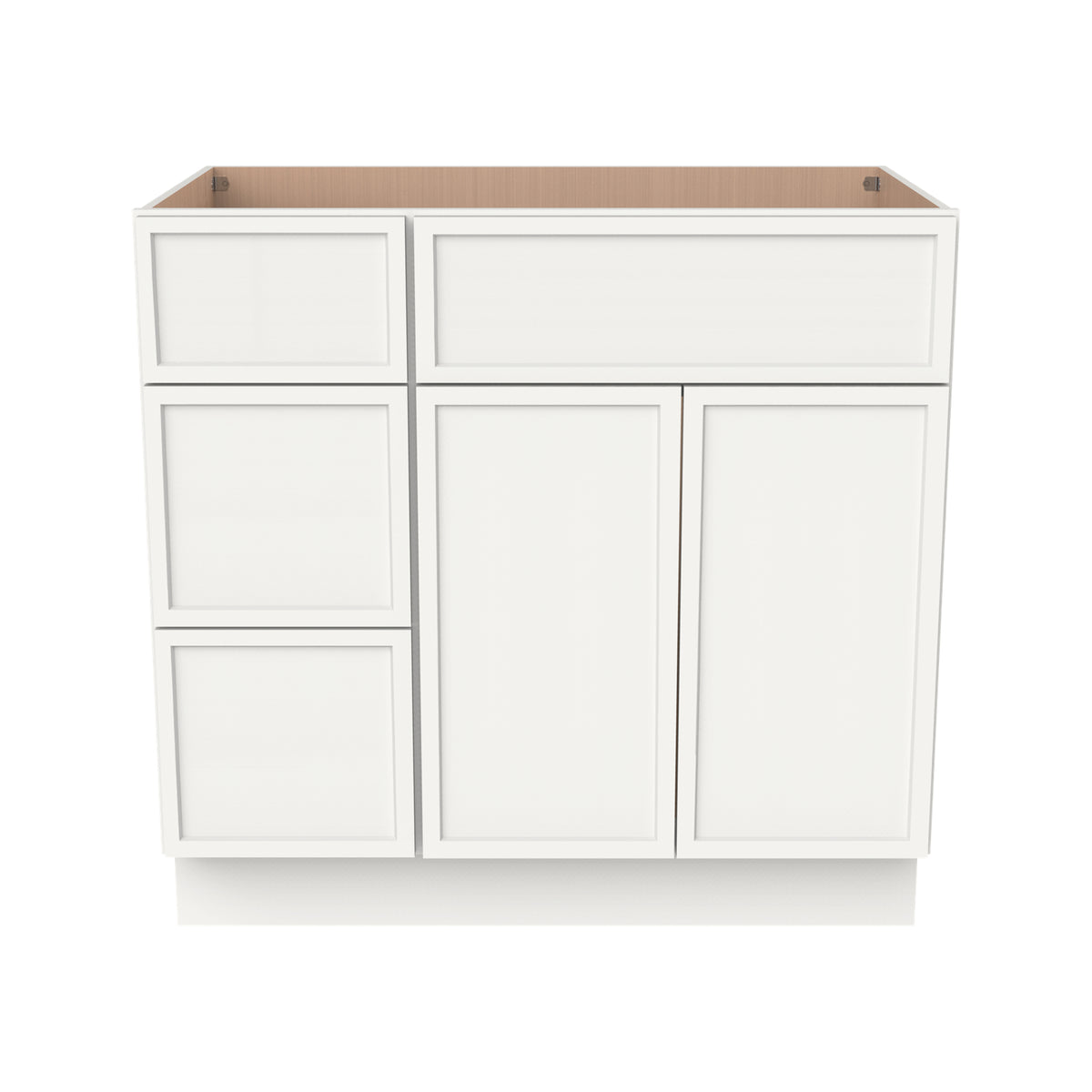 RTA Newtown Solid Wood Vanity Single Sink Base Cabinet Origami White for Bathroom Storage, 3 Left Drawers, 1 False Drawer Front