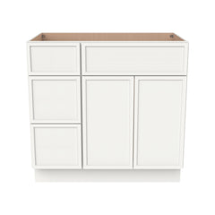 RTA Newtown Solid Wood Vanity Single Sink Base Cabinet Origami White for Bathroom Storage, 3 Left Drawers, 1 False Drawer Front