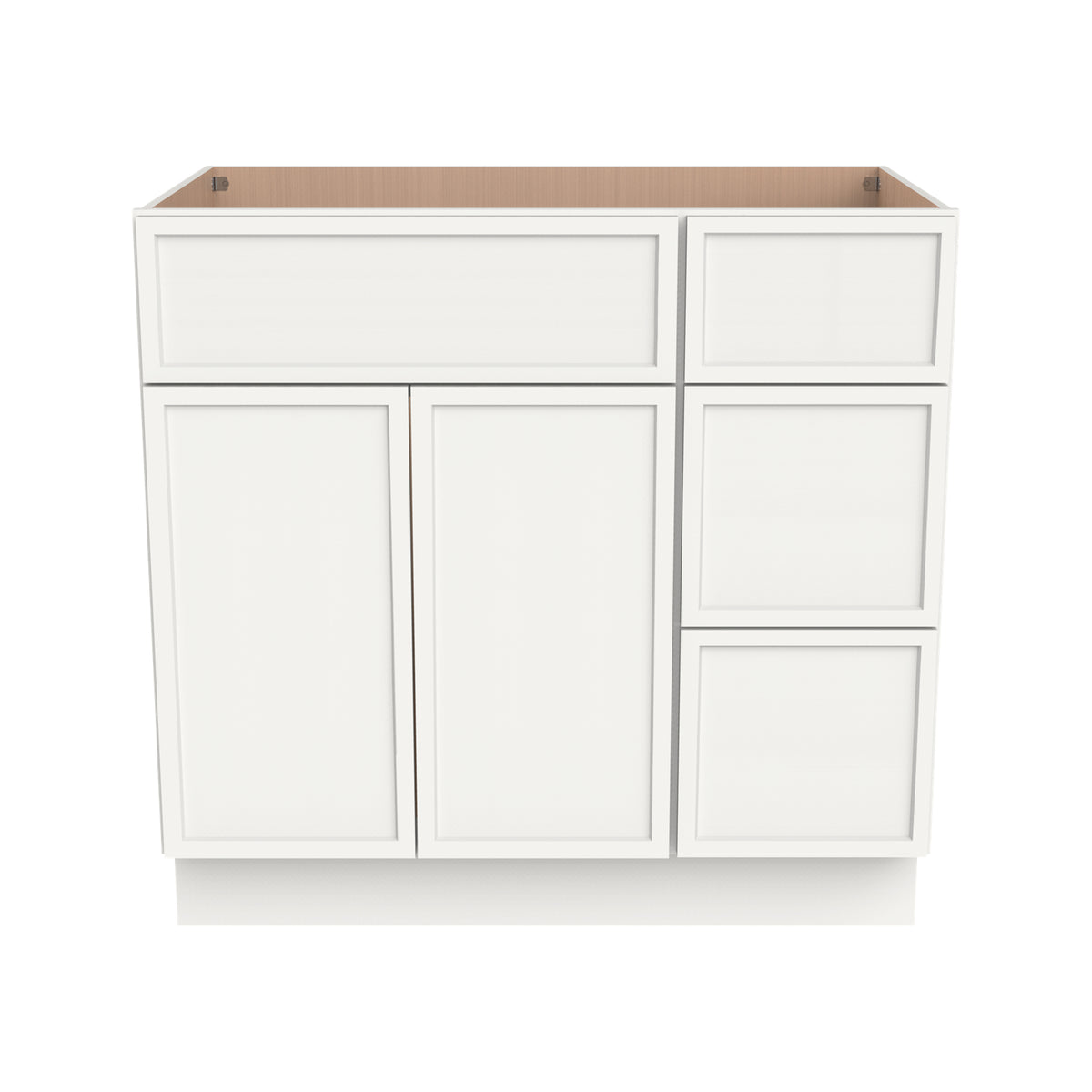 RTA Newtown Solid Wood Vanity Single Sink Base Cabinet Origami White for Bathroom Storage, 3 Right Drawers, 1 False Drawer Front