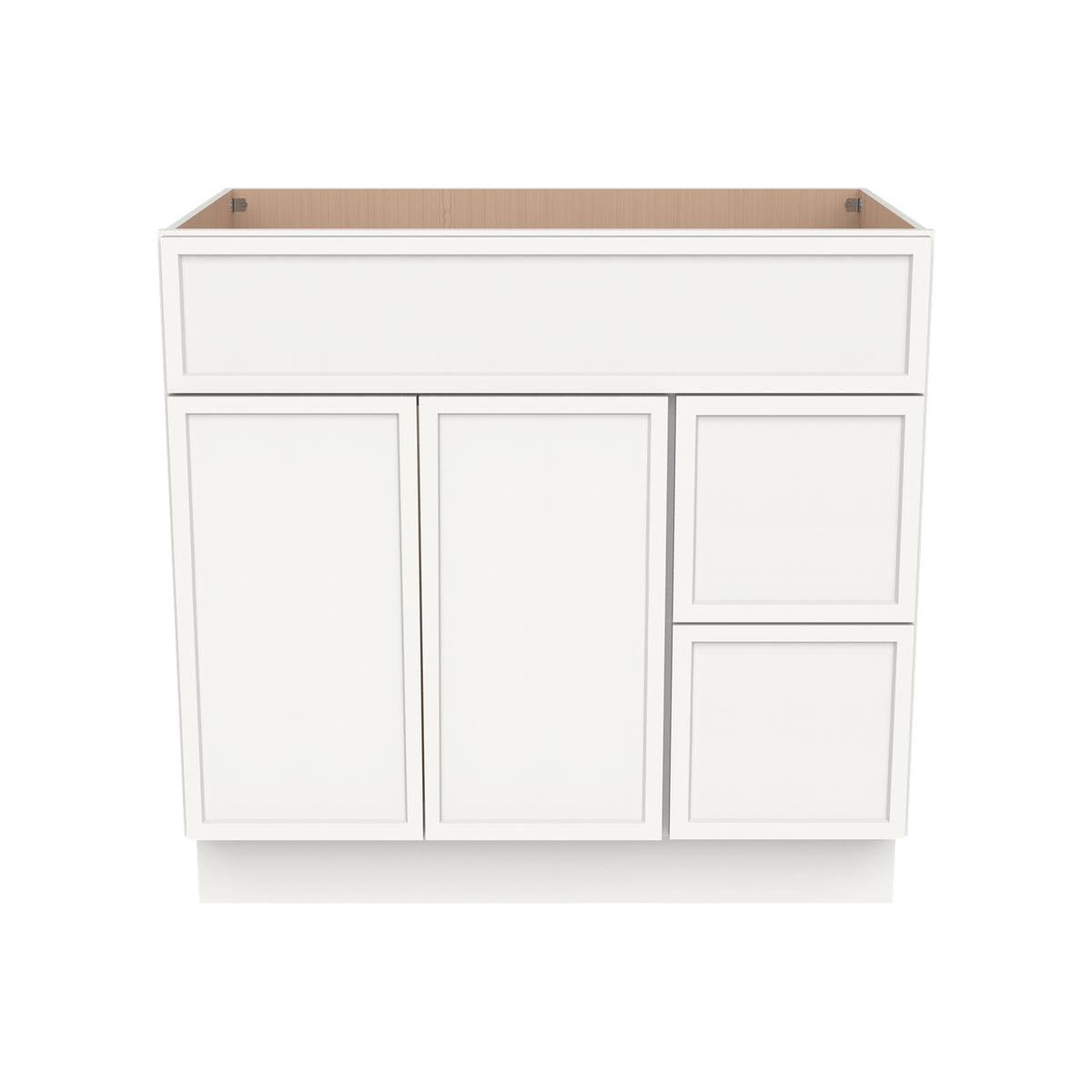 RTA Newtown Solid Wood Vanity Single Sink Base Cabinet Origami White for Bathroom Storage, 2 Right Drawers, 1 False Drawer Front