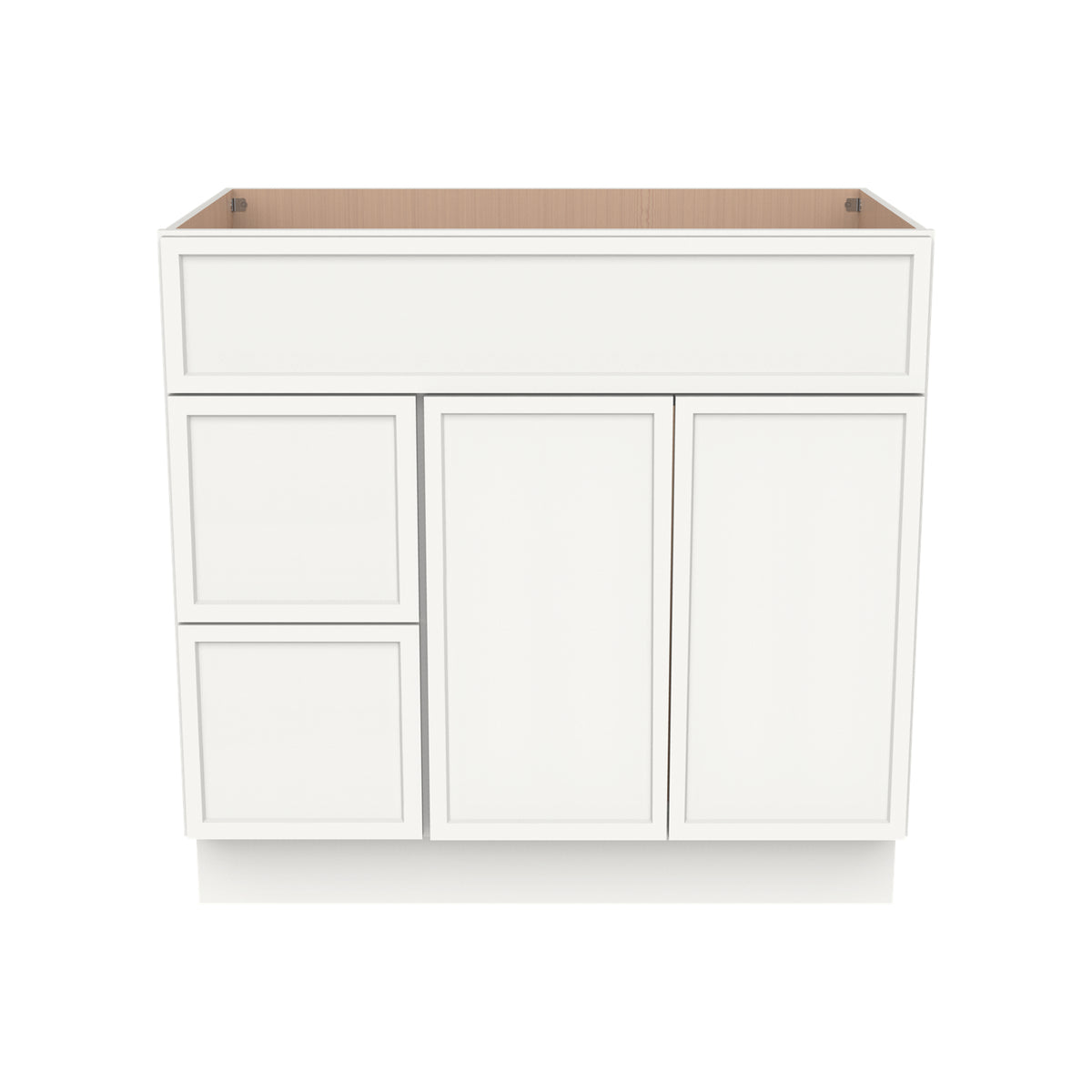 RTA Newtown Solid Wood Vanity Single Sink Base Cabinet Origami White for Bathroom Storage, 2 Left Drawers, 1 False Drawer Front