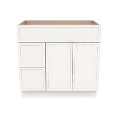 RTA Newtown Solid Wood Vanity Single Sink Base Cabinet Origami White for Bathroom Storage, 2 Left Drawers, 1 False Drawer Front