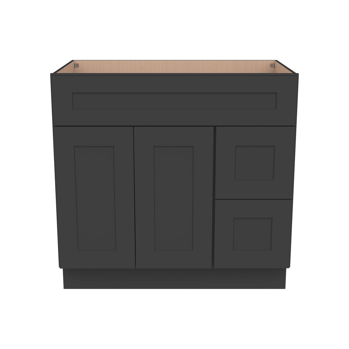 RTA Shaker Solid Wood Vanity Single Sink Base Cabinet Charcoal Black for Bathroom Storage, 2 Right Drawers, 1 False Drawer Front