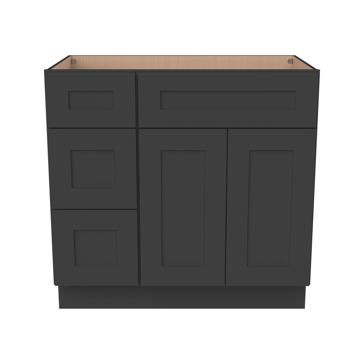 RTA Shaker Solid Wood Vanity Single Sink Base Cabinet Charcoal Black for Bathroom Storage, 3 Left Drawers, 1 False Drawer Front