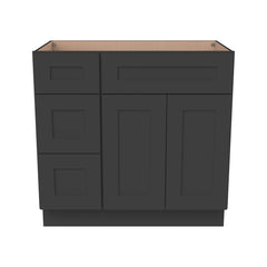 RTA Shaker Solid Wood Vanity Single Sink Base Cabinet Charcoal Black for Bathroom Storage, 3 Left Drawers, 1 False Drawer Front