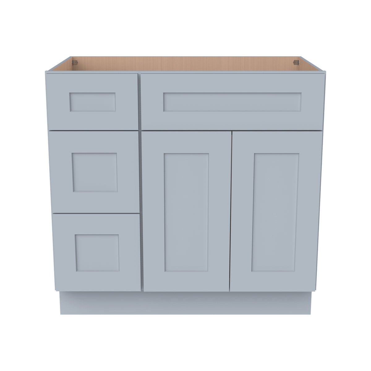 RTA Shaker Gray Solid Wood Vanity Single Sink Base Cabinet for Bathroom Storage, 3 Left Drawers, 1 False Drawer Front