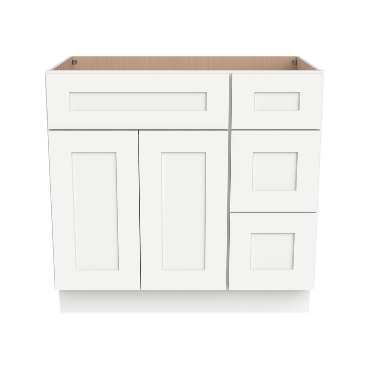 RTA Shaker Solid Wood Vanity Single Sink Base Cabinet Origami White for Bathroom Storage, 3 Right Drawers, 1 False Drawer Front