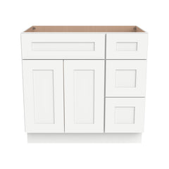 RTA Shaker Solid Wood Vanity Single Sink Base Cabinet Origami White for Bathroom Storage, 3 Right Drawers, 1 False Drawer Front