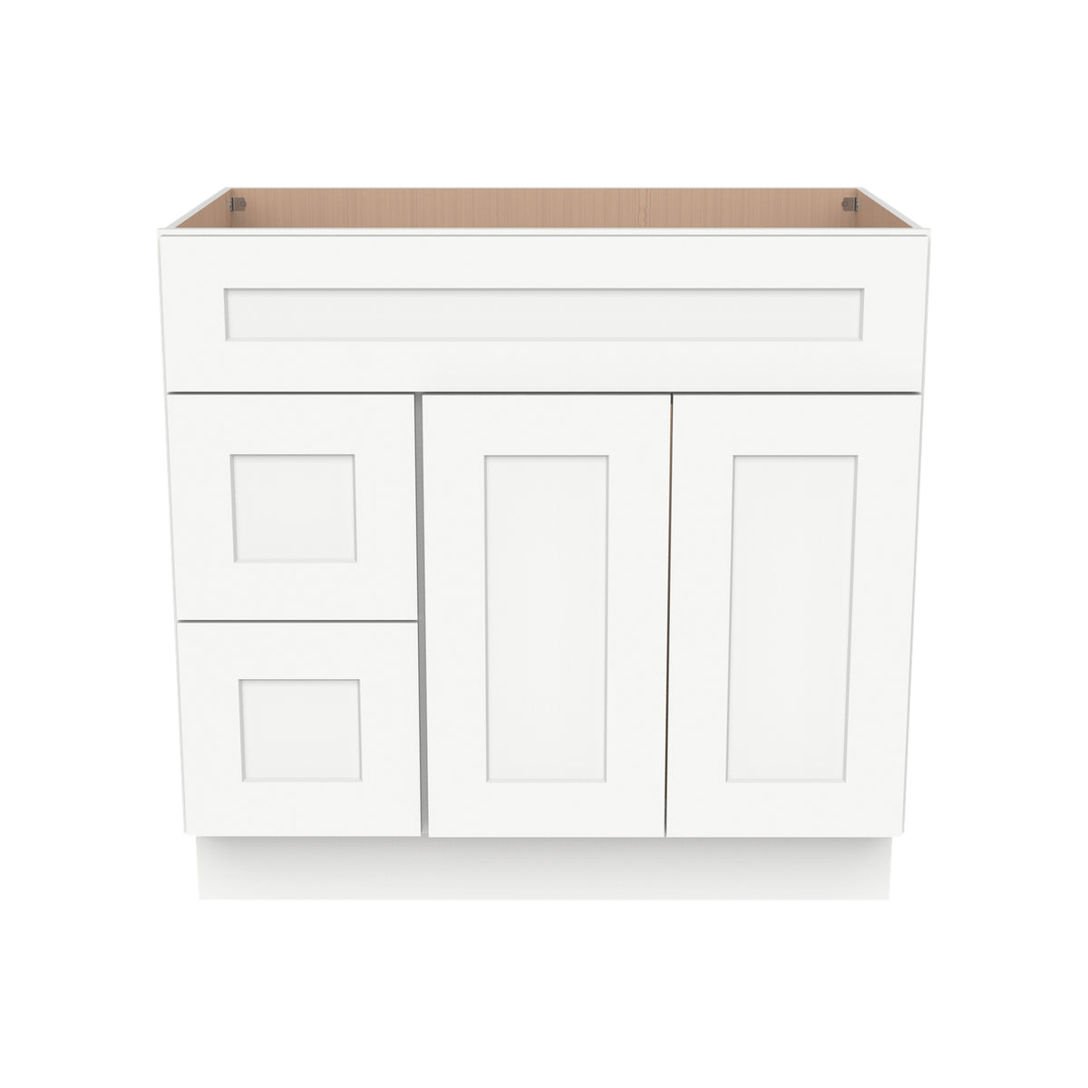 RTA Shaker Solid Wood Vanity Single Sink Base Cabinet Origami White for Bathroom Storage, 2 Left Drawers, 1 False Drawer Front