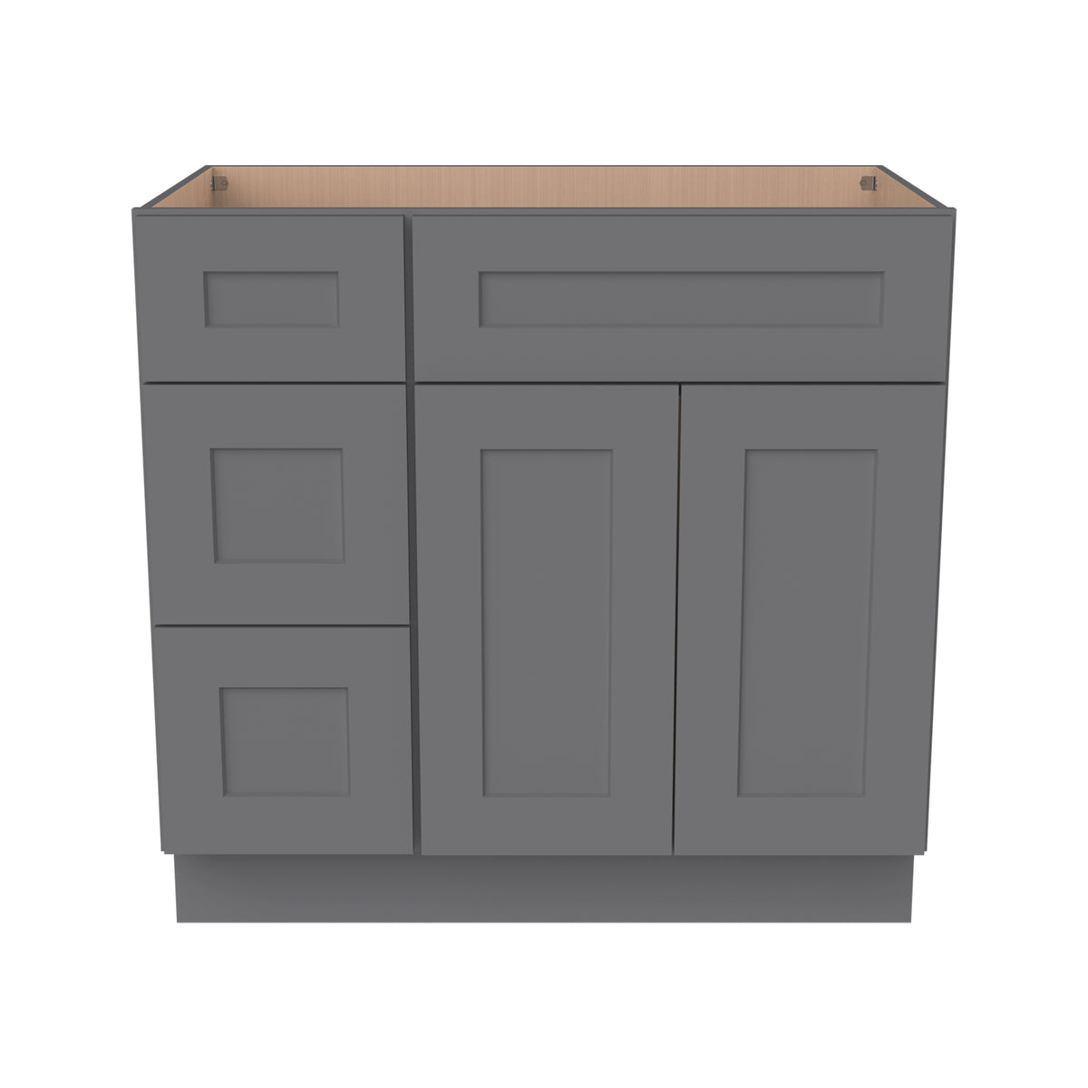 RTA Shaker Solid Wood Vanity Single Sink Base Cabinet Pebble Gray for Bathroom Storage, 3 Left Drawers, 1 False Drawer Front