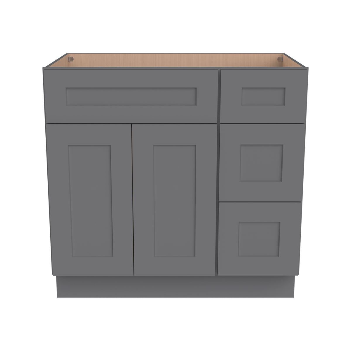 RTA Shaker Solid Wood Vanity Single Sink Base Cabinet Pebble Gray for Bathroom Storage, 3 Right Drawers, 1 False Drawer Front