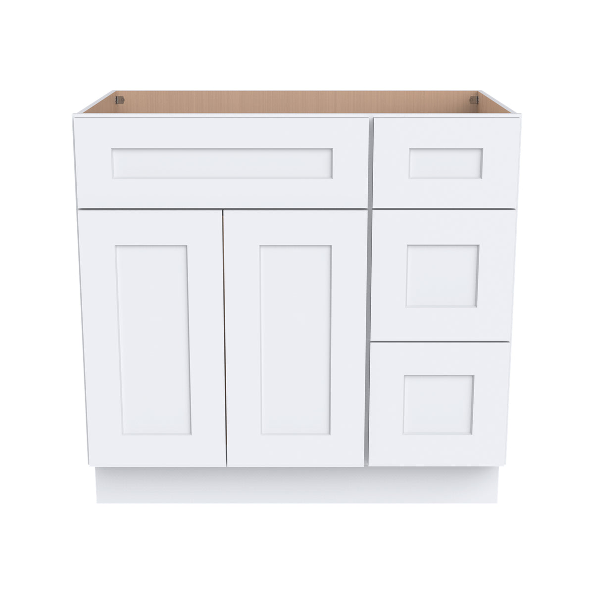 RTA Shaker Solid Wood Vanity Single Sink Base Cabinet White for Bathroom Storage, 3 Right Drawers, 1 False Drawer Front