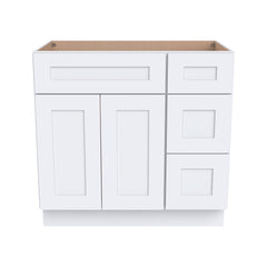 RTA Shaker Solid Wood Vanity Single Sink Base Cabinet White for Bathroom Storage, 3 Right Drawers, 1 False Drawer Front