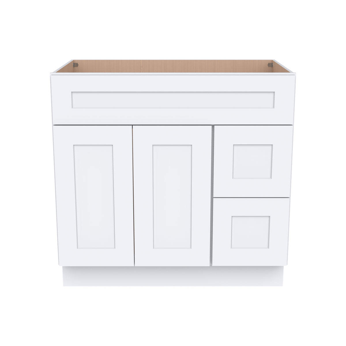 RTA Shaker Solid Wood Vanity Single Sink Base Cabinet White for Bathroom Storage, 2 Right Drawers, 1 False Drawer Front