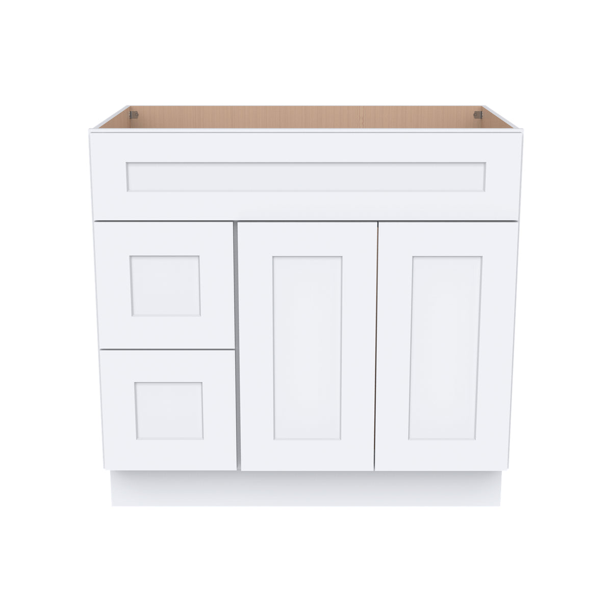 RTA Shaker Solid Wood Vanity Single Sink Base Cabinet White for Bathroom Storage, 2 Left Drawers, 1 False Drawer Front