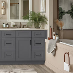 RTA Shaker Solid Wood Vanity Single Sink Base Cabinet Pebble Gray With 6 Drawers for Bathroom Storage