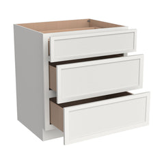 RTA Solid Wood Newtown Three Drawer Base Cabinet Origami White for Kitchen, Bathroom & Laundry storage