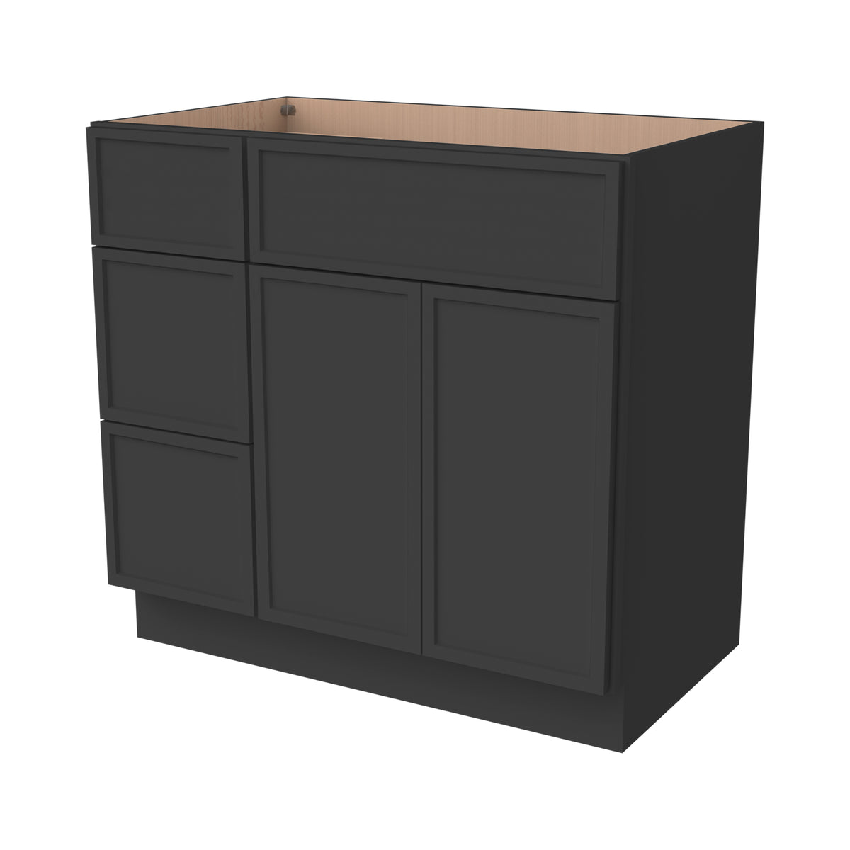 RTA Newtown Solid Wood Vanity Single Sink Base Cabinet Charcoal Black for Bathroom Storage, 3 Left Drawers, 1 False Drawer Front