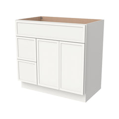 RTA Newtown Solid Wood Vanity Single Sink Base Cabinet Origami White for Bathroom Storage, 2 Left Drawers, 1 False Drawer Front