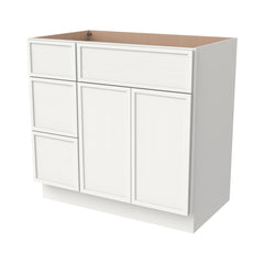 RTA Newtown Solid Wood Vanity Single Sink Base Cabinet Origami White for Bathroom Storage, 3 Left Drawers, 1 False Drawer Front