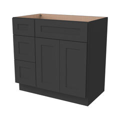 RTA Shaker Solid Wood Vanity Single Sink Base Cabinet Charcoal Black for Bathroom Storage, 3 Left Drawers, 1 False Drawer Front