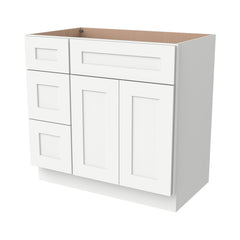 RTA Shaker Solid Wood Vanity Single Sink Base Cabinet Origami White for Bathroom Storage, 3 Left Drawers, 1 False Drawer Front