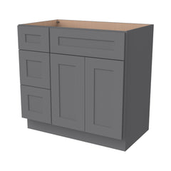 RTA Shaker Solid Wood Vanity Single Sink Base Cabinet Pebble Gray for Bathroom Storage, 3 Left Drawers, 1 False Drawer Front