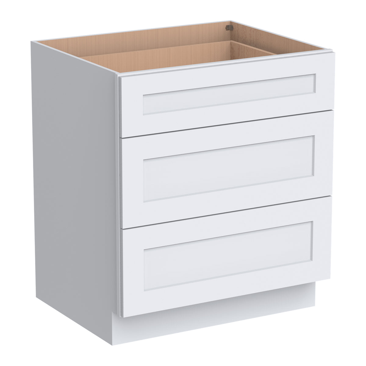 RTA Solid Wood Shaker Three Drawer Base Cabinet White for Kitchen, Bathroom & Laundry storage