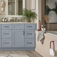 RTA Shaker Solid Wood Vanity Single Sink Base Cabinet Gray With 6 Drawers for Bathroom Storage