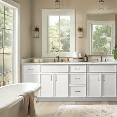 RTA Newtown Solid Wood Vanity Double Sink Bases With Central Drawers  Origami White for Bathroom Storage