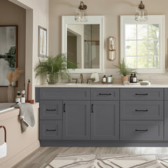 RTA Shaker Solid Wood Vanity Single Sink Base Cabinet Pebble Gray for Bathroom Storage, 3 Left Drawers, 1 False Drawer Front